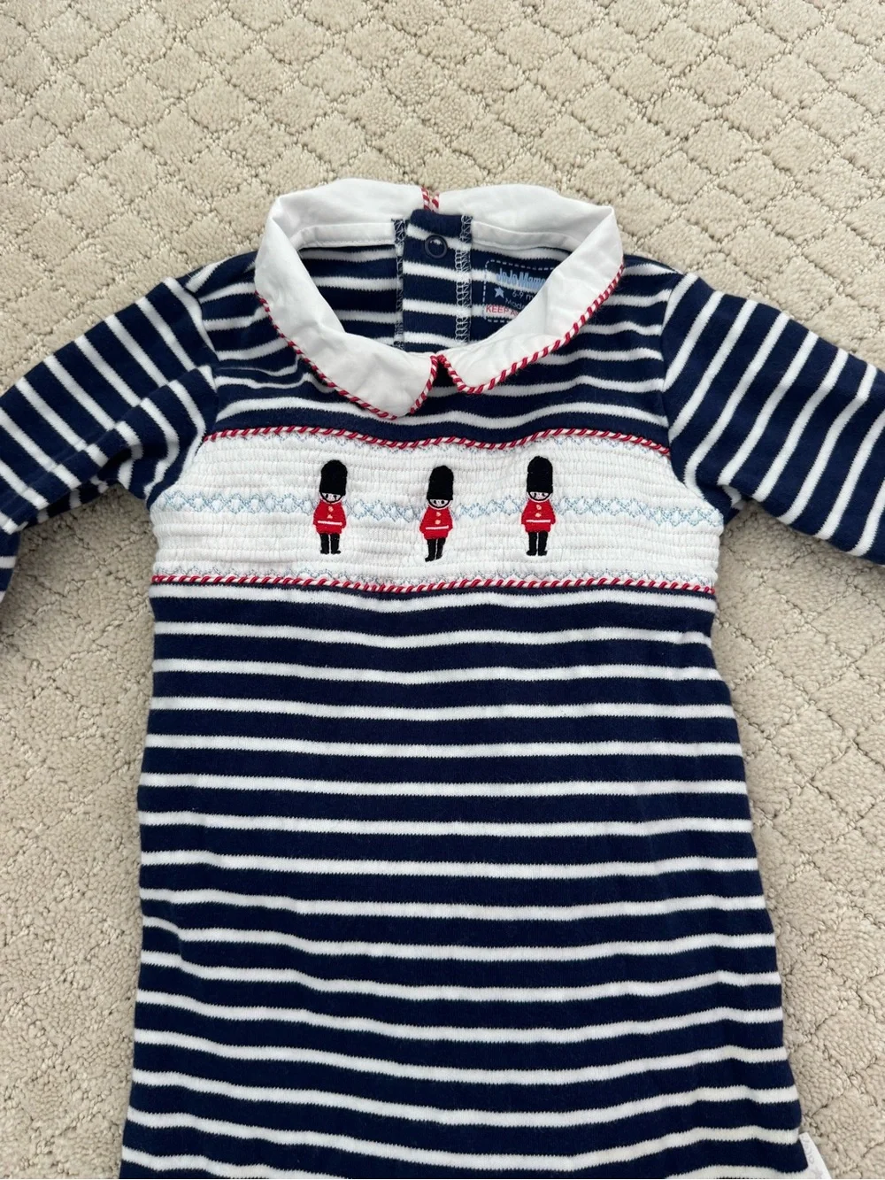 JoJo Maman Bebe Navy and White Striped Footie with British Toy Soldier Smocking